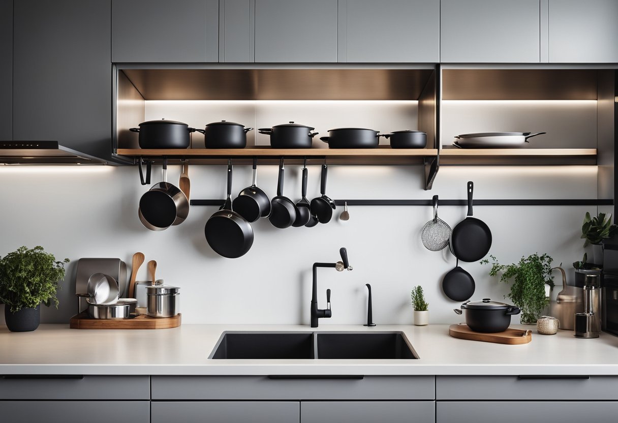 A sleek, modern kitchen wall rack holds pots, pans, and utensils, with clean lines and a minimalist design