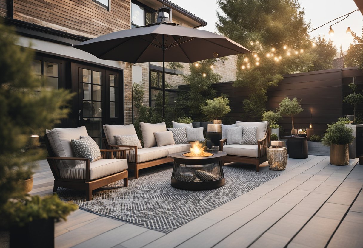 A cozy outdoor patio adorned with stylish and affordable furniture, creating an inviting space for relaxation and entertainment