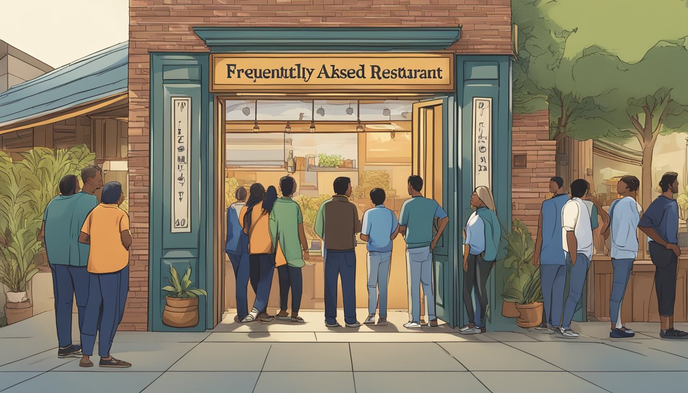 Customers lining up outside Manam restaurant, with a sign displaying "Frequently Asked Questions" on the door