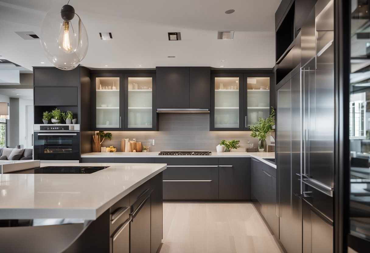 A modern kitchen with sleek countertops, ample storage, and integrated appliances. A large island serves as a focal point for entertaining and food preparation