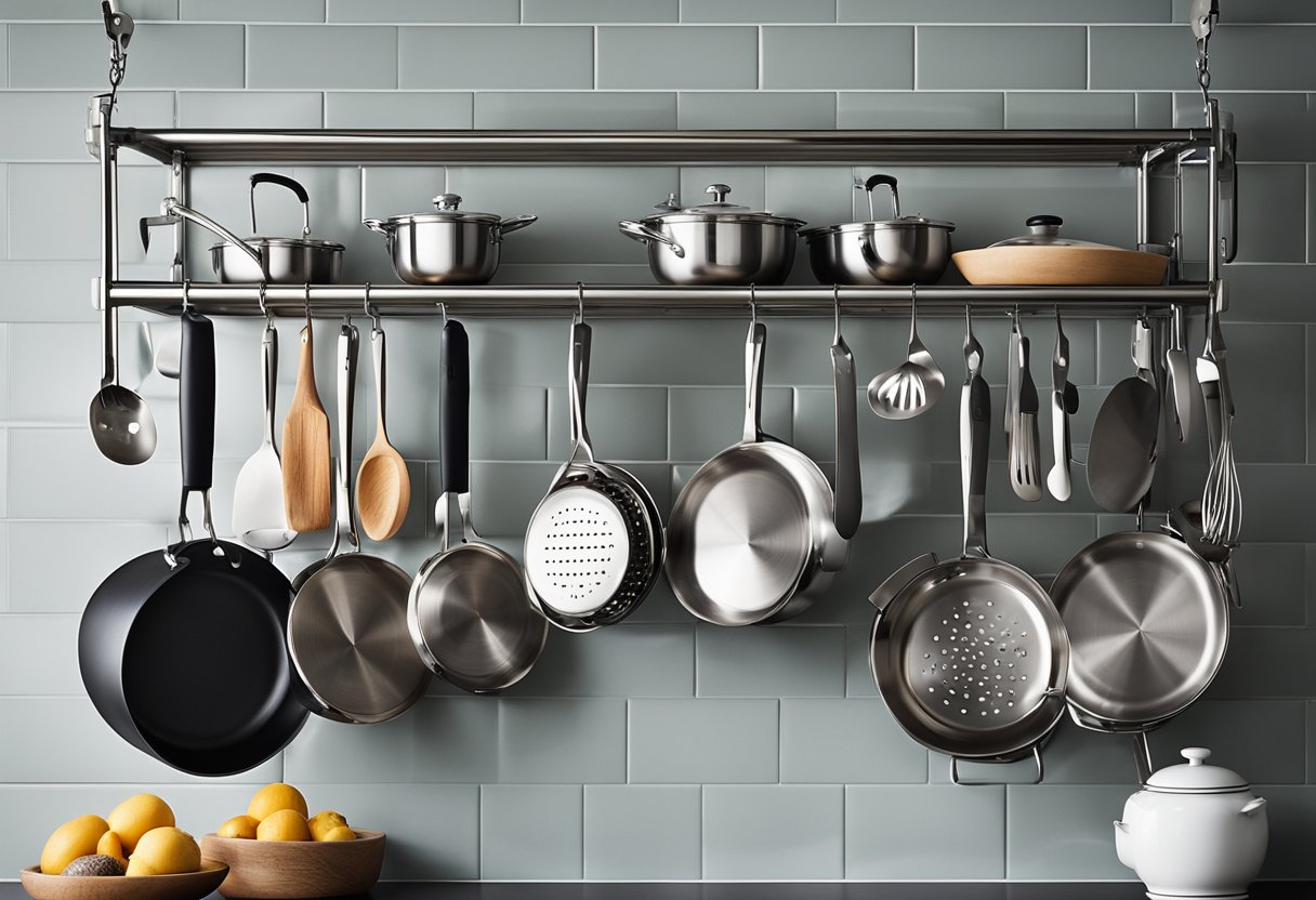 A sleek, modern kitchen wall rack holds pots, pans, and utensils. The stainless steel shelves are neatly organized, with hanging hooks for easy access