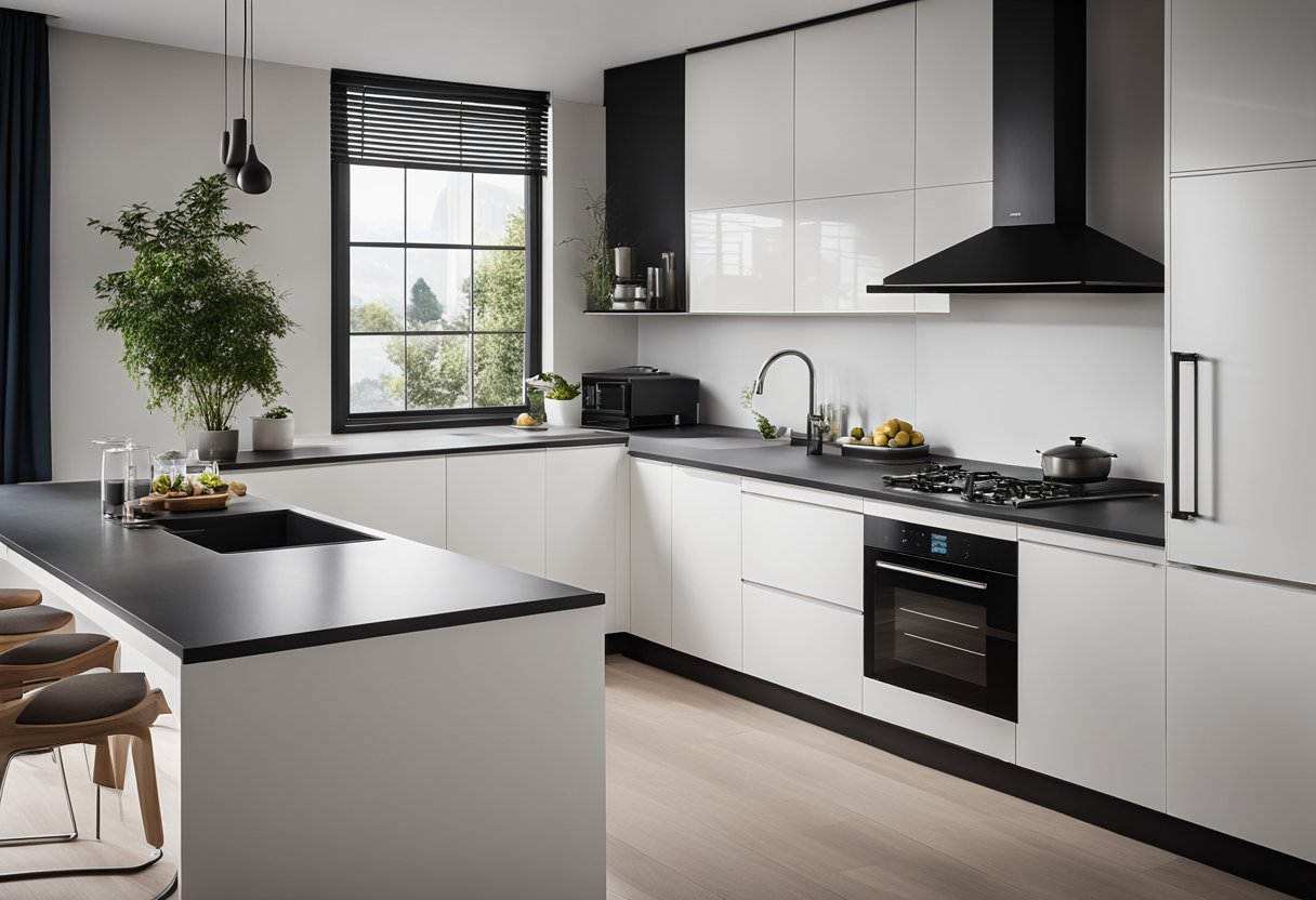 A sleek and modern kitchen with Kompacplus countertops, minimalist cabinetry, and integrated appliances