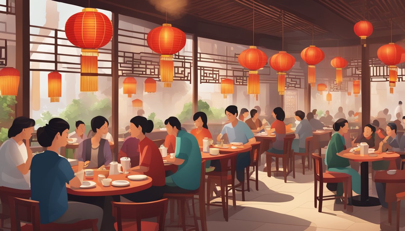 A bustling Chinese restaurant with red lanterns, round tables, and steaming dishes. Customers chat and laugh amidst the aroma of sizzling woks