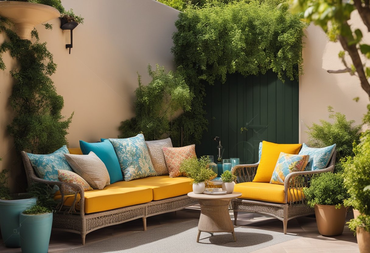 A sunny outdoor patio with a variety of colorful and comfortable cushions on stylish furniture, surrounded by lush greenery