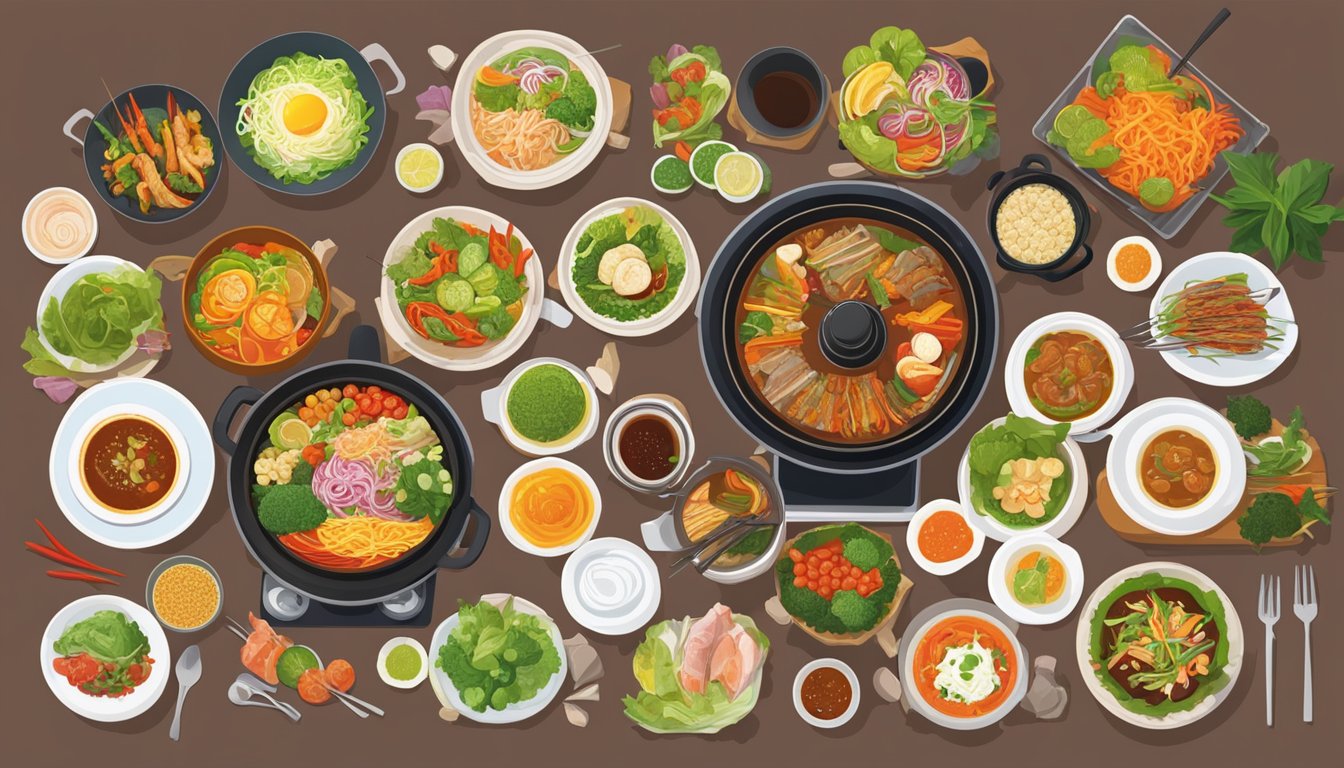 A table filled with colorful and aromatic dishes at You Huak restaurant. A steaming hotpot, sizzling stir-fries, and vibrant salads create a feast for the eyes
