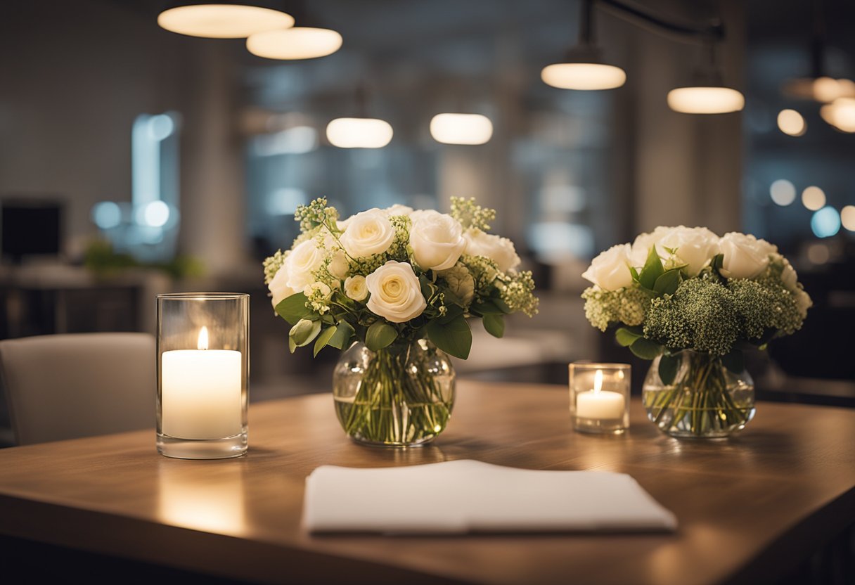 Soft lighting illuminates a modern office with elegant decor and romantic touches. A sleek desk and comfortable seating exude professionalism while floral arrangements and subtle candlelight create an atmosphere of romance