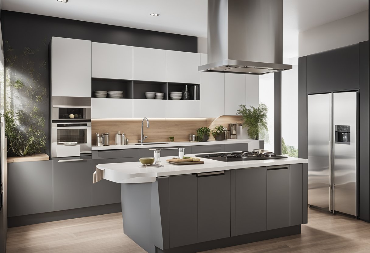 A modern kitchen with sleek kompacplus countertops and durable cabinets, showcasing its practical benefits and long-lasting design
