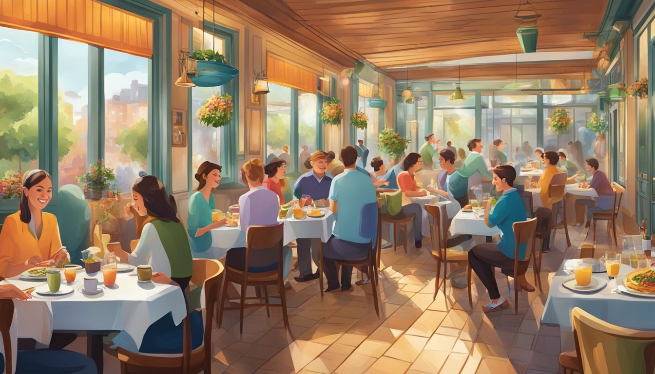 A bustling restaurant with vibrant decor, steaming plates of food, and happy diners enjoying their meals