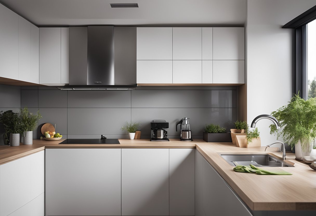 A modern kitchen with sleek Kompacplus countertops and storage, featuring a minimalist design with clean lines and integrated appliances
