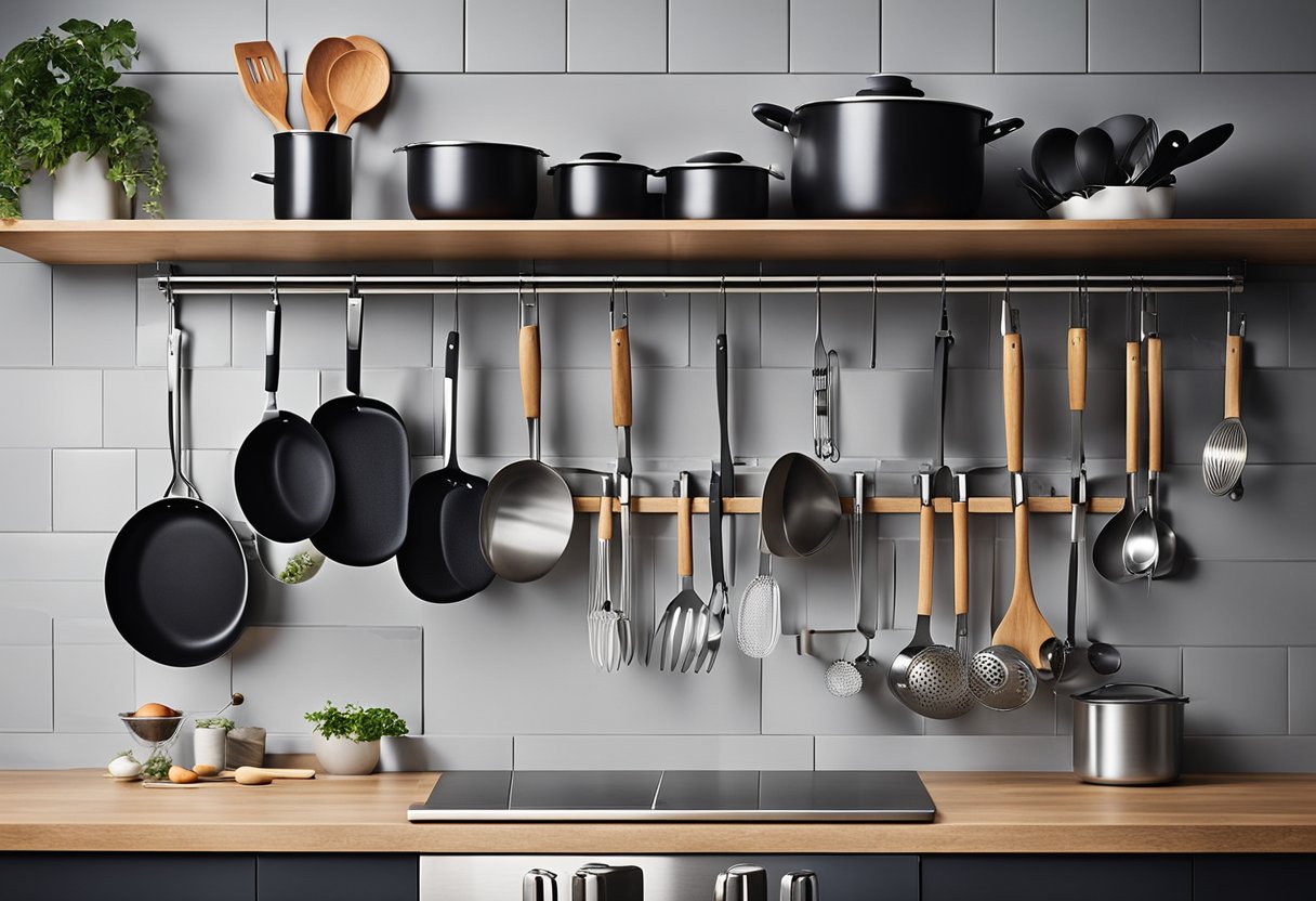 A kitchen wall rack holds various utensils and cookware, maximizing space and organization. Its sleek design complements the modern kitchen aesthetic