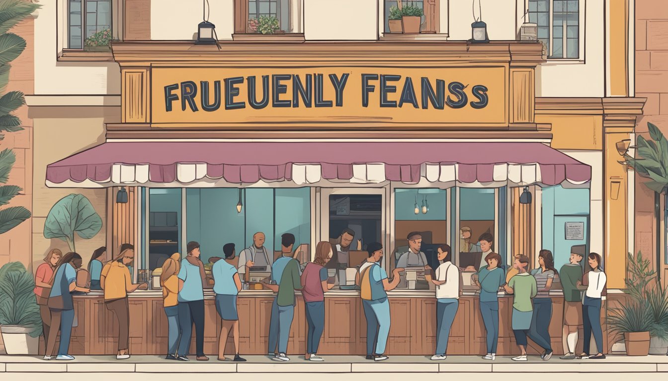 A busy restaurant with people lining up, looking at a sign that reads "Frequently Asked Questions" about the menu and services
