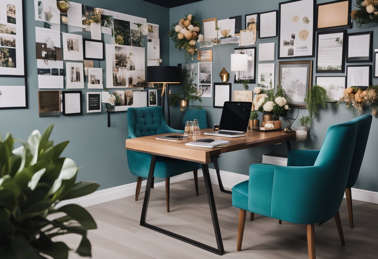 A modern wedding planner's office with sleek furniture, a large desk, and a wall adorned with colorful inspiration boards and wedding photos