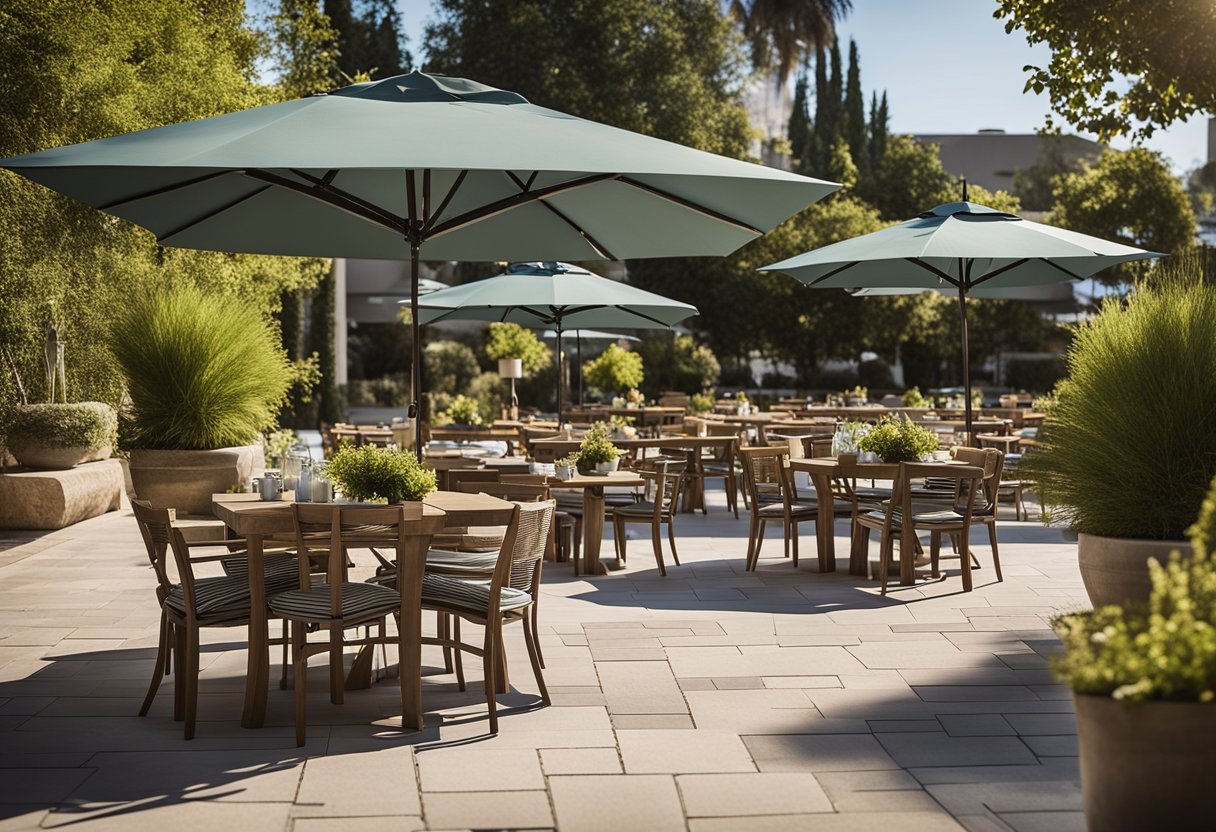 A sunny outdoor setting with a variety of affordable furniture options displayed, including chairs, tables, and umbrellas. The scene exudes a relaxed and inviting atmosphere