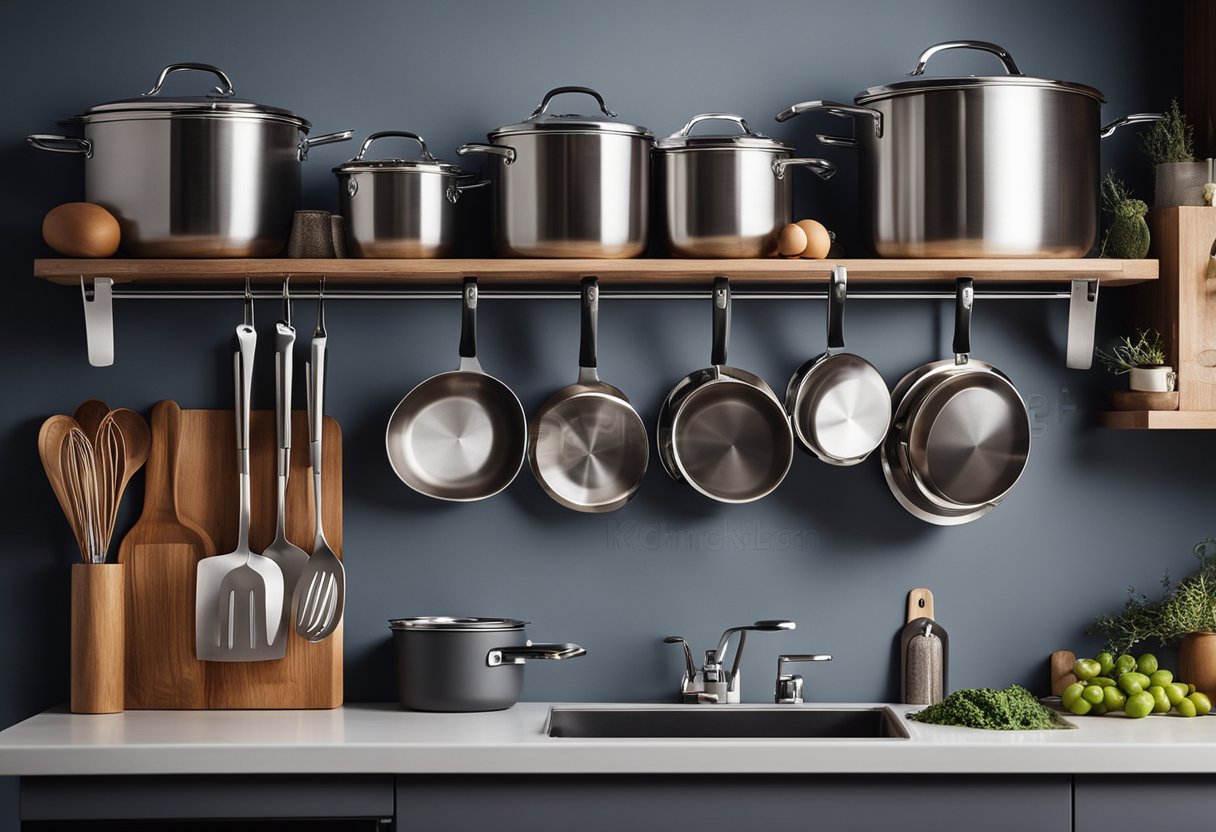 A modern kitchen with a sleek wall rack holding various cookware and utensils, neatly organized and labeled