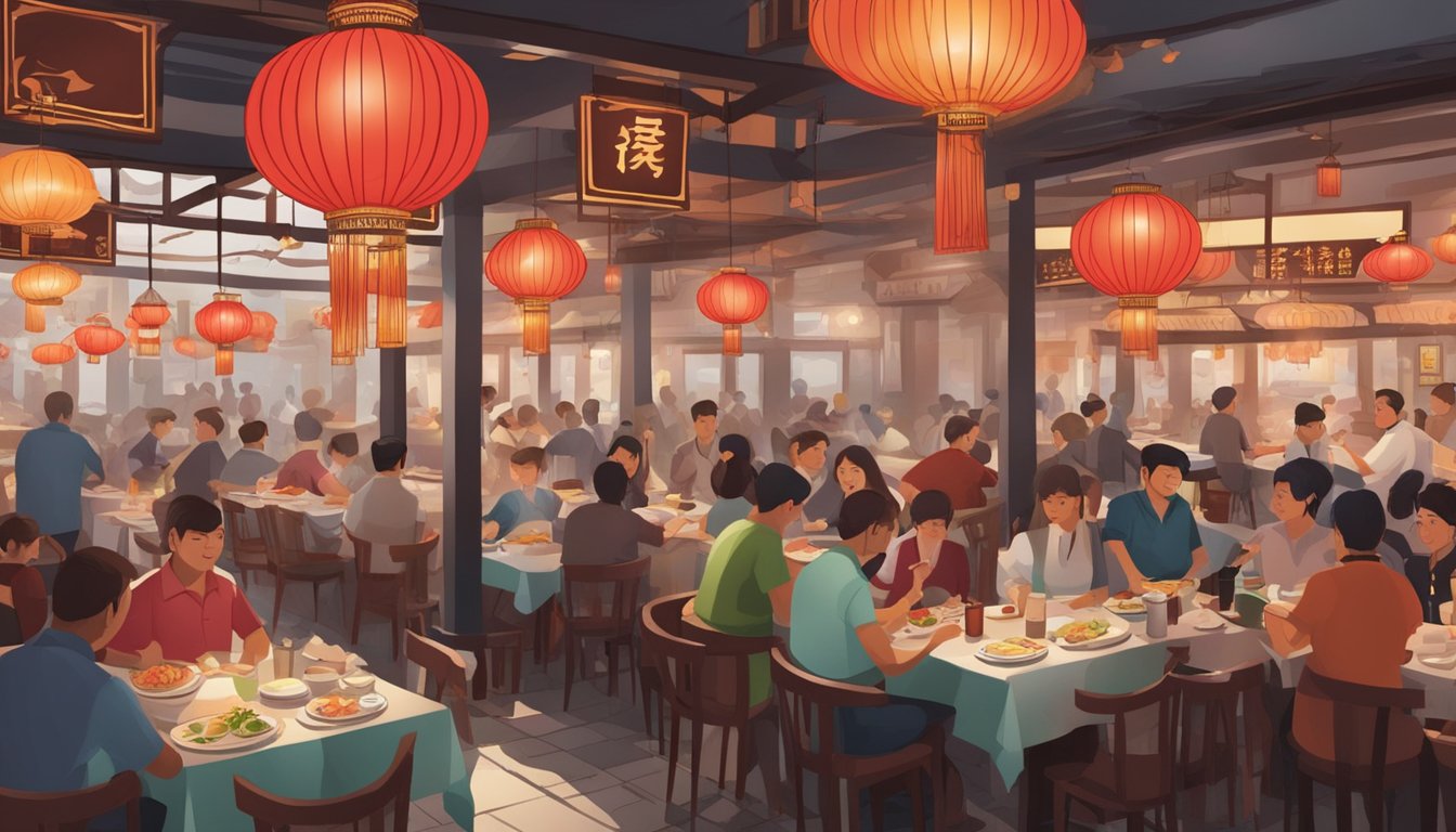 Busy restaurant with red lanterns, bustling waitstaff, and steaming pots of seafood. Customers eagerly await their meals at the tables