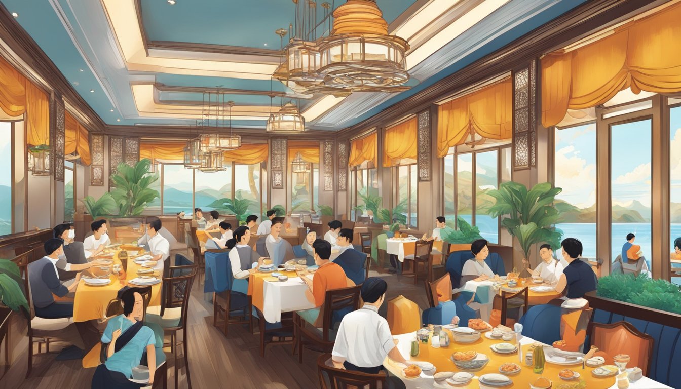Diners enjoy a seafood feast at Ah Yat restaurant, surrounded by elegant decor and the aroma of sizzling dishes
