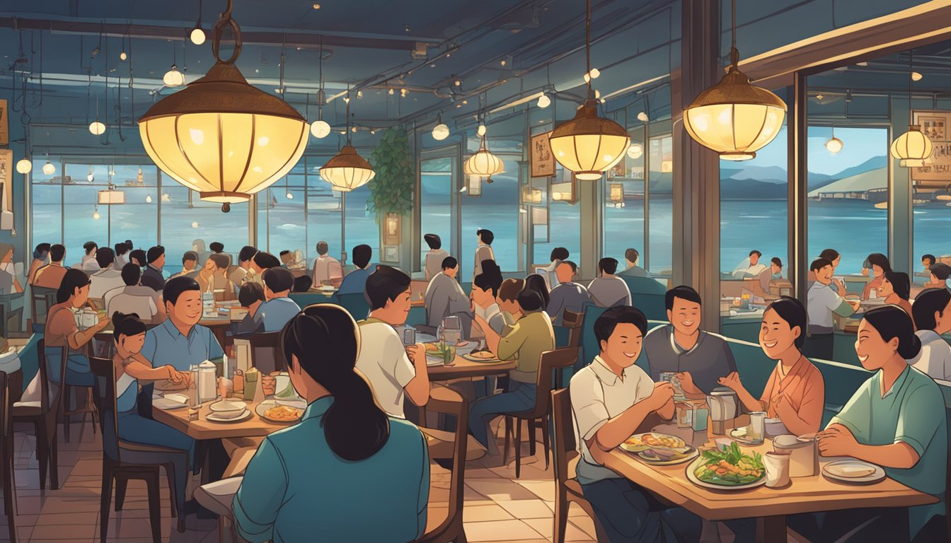 A bustling restaurant with a glowing sign reading "Ratings and Trust Ah Yat Seafood Restaurant" surrounded by happy diners enjoying their meals