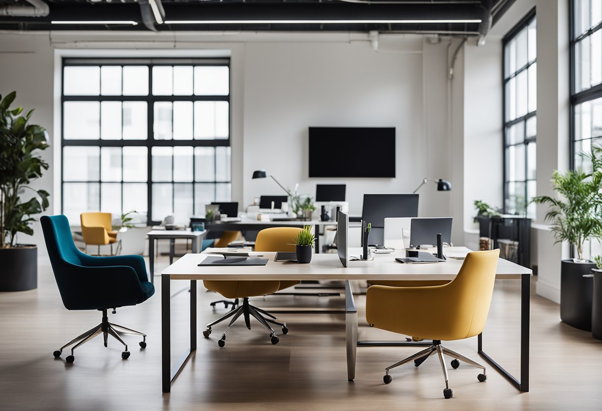 A sleek, open-plan office with minimalist furniture, natural light, and pops of vibrant color. Clean lines and a mix of textures create a contemporary and inviting workspace