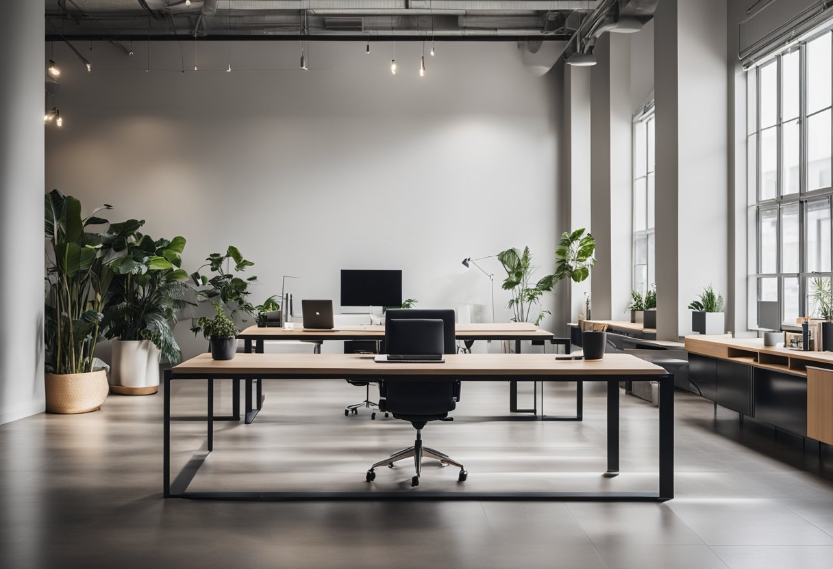 The modern workspace features sleek furniture, clean lines, and ample natural light. A minimalist color palette and strategic use of technology create a functional and stylish environment