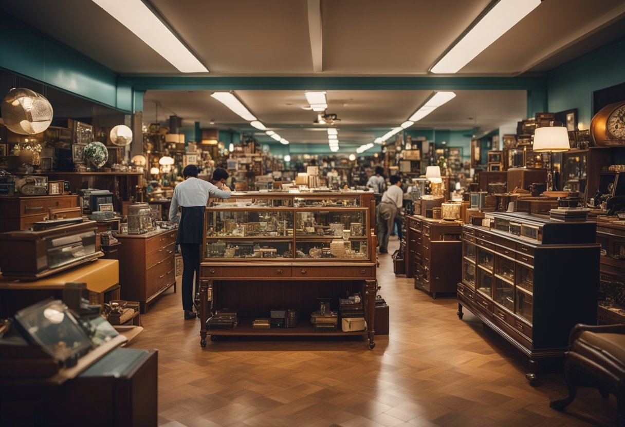 Customers browsing through a cluttered retro furniture shop in Singapore, uncovering vintage treasures among the eclectic mix of mid-century modern and art deco pieces
