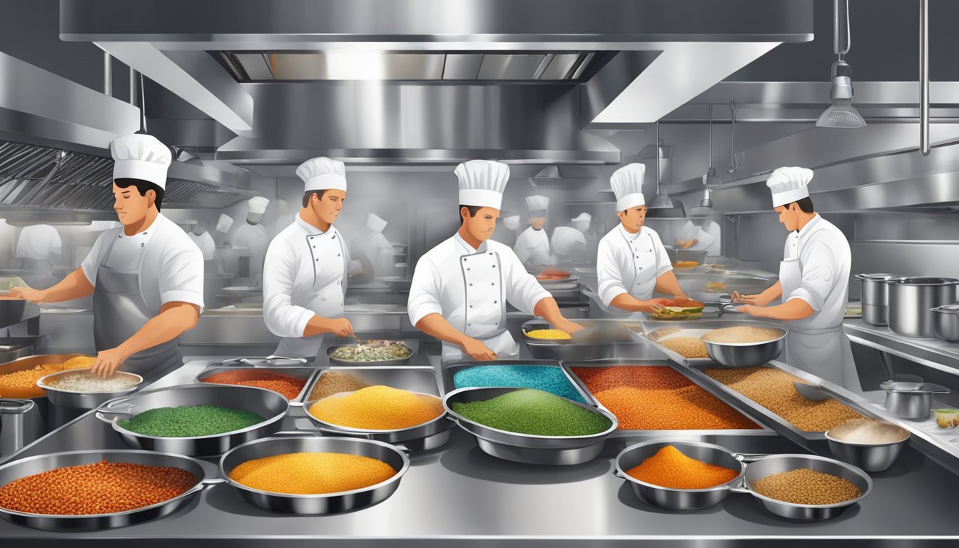 A bustling restaurant kitchen with chefs preparing colorful dishes amidst sizzling pans and aromatic spices. Ingredients are neatly organized on stainless steel countertops