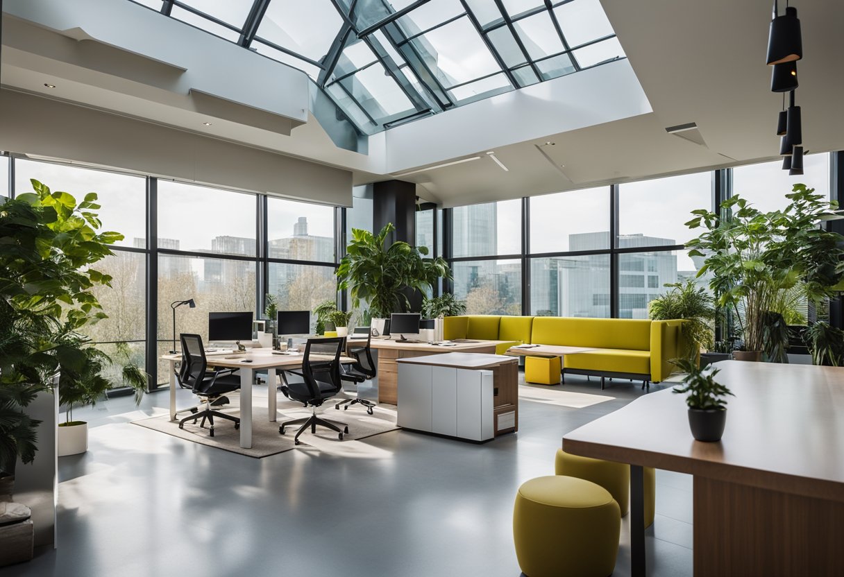 The sleek, open-plan office features floor-to-ceiling windows, minimalist furniture, and pops of vibrant color throughout. The space is accented with contemporary art pieces and lush greenery, creating a fresh and inviting atmosphere