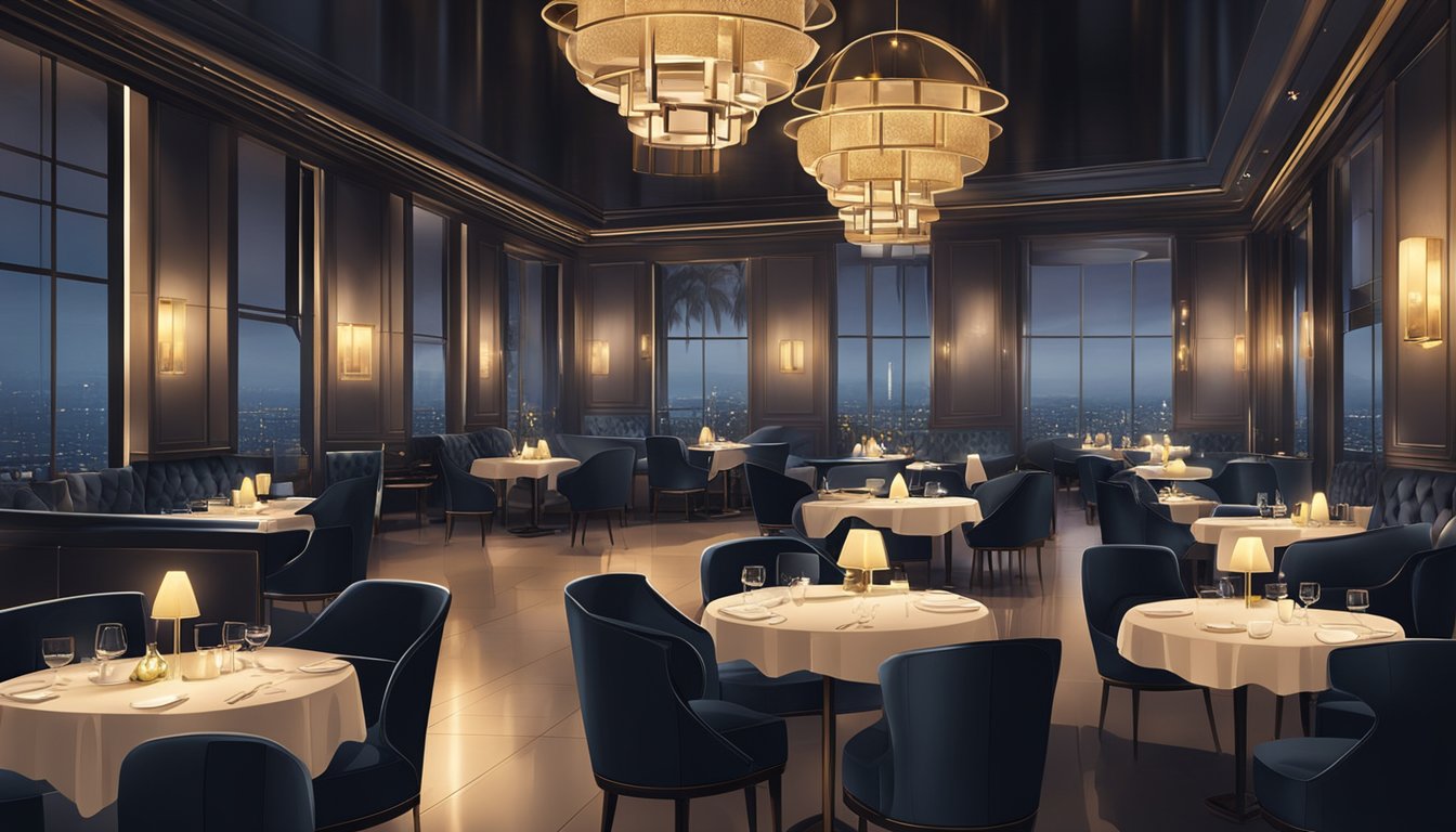 A chic, dimly lit restaurant with modern decor and ambient lighting. Tables are elegantly set with fine dining utensils and glassware. The atmosphere exudes sophistication and luxury