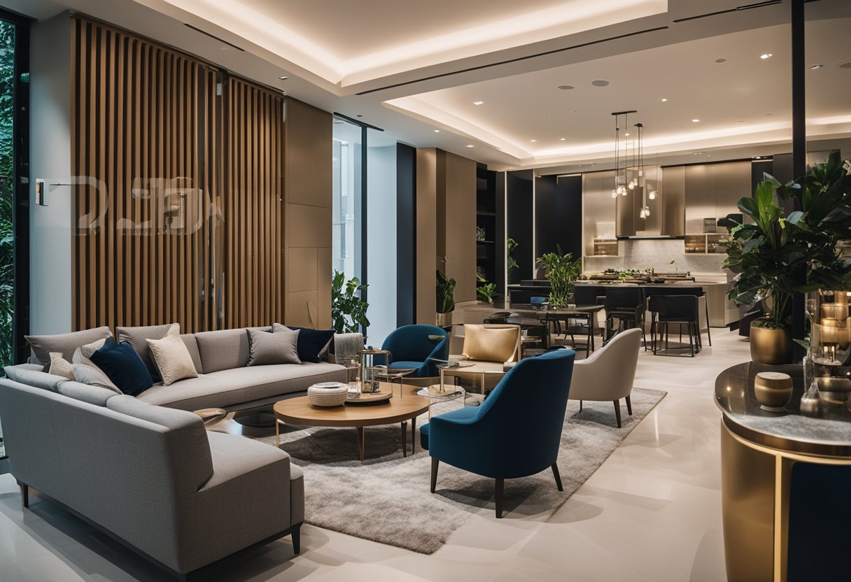 A modern furniture showroom in Singapore, featuring sleek and stylish designs for living rooms, bedrooms, and dining areas