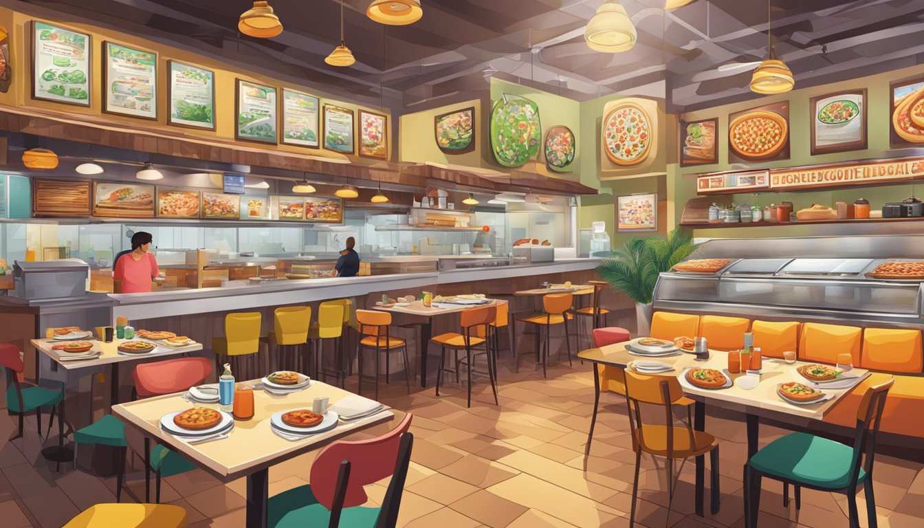 A bustling pizza restaurant in Singapore with colorful decor, sizzling ovens, and a lively atmosphere
