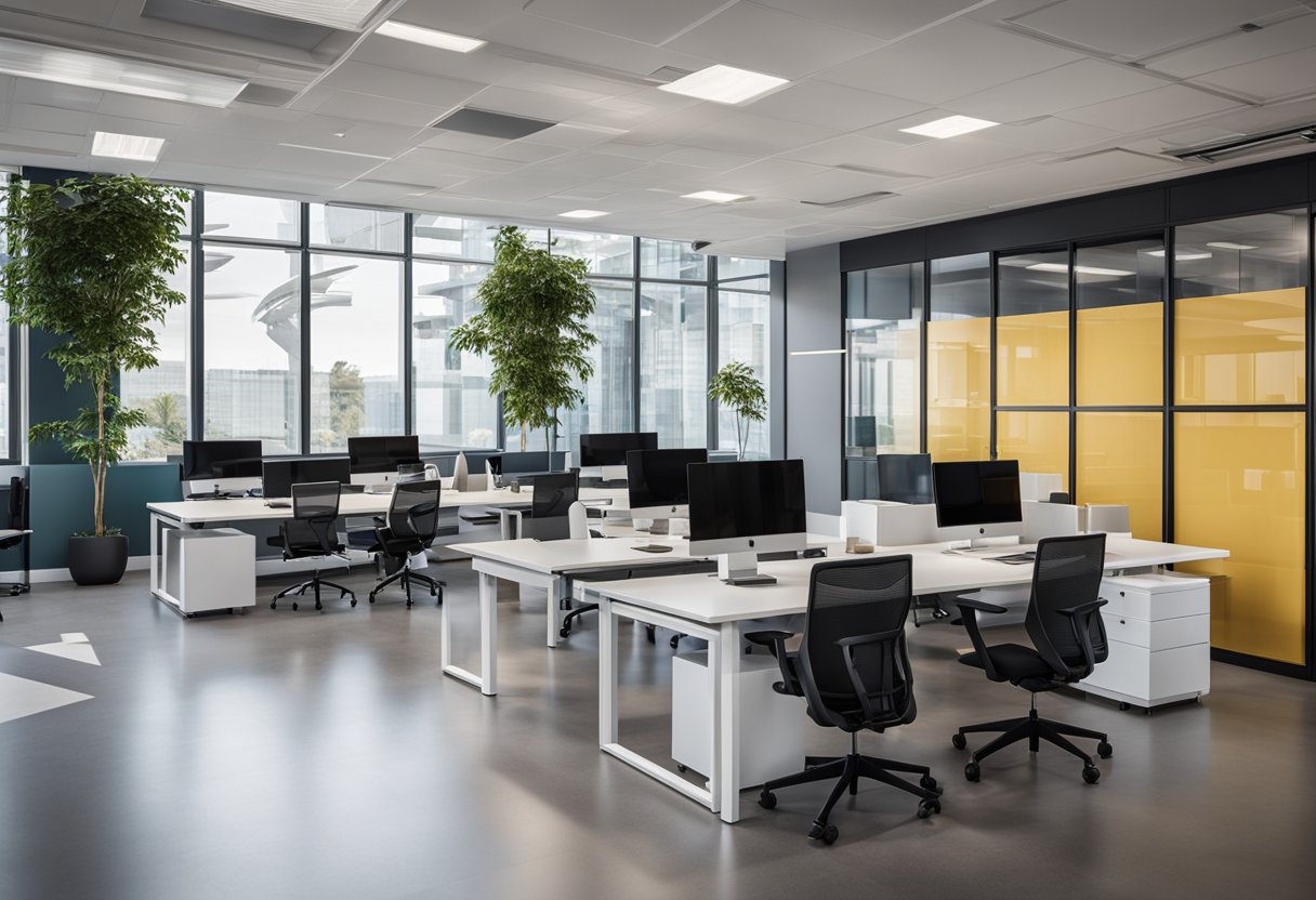 A sleek, open-concept office space with modular furniture, vibrant accent walls, and ample natural light. The design incorporates minimalist decor and innovative technology