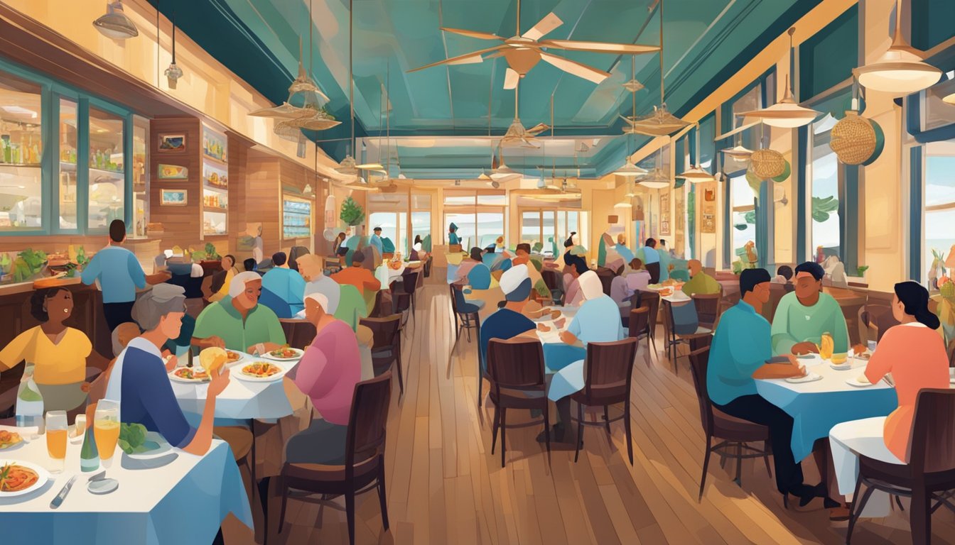 A bustling seafood restaurant with vibrant decor and a lively atmosphere. Tables are filled with diners enjoying a variety of fresh and flavorful dishes