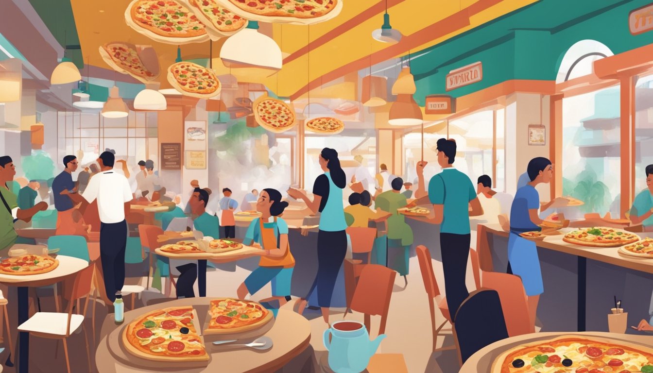 Customers enjoying various pizzas in a bustling Singapore pizza restaurant, with chefs tossing dough and a vibrant atmosphere