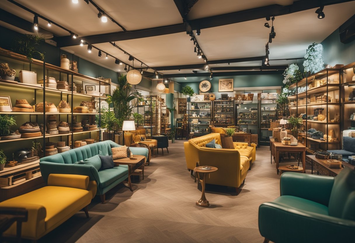 A retro furniture shop in Singapore with colorful, vintage pieces displayed neatly on shelves and racks. The shop is bright and inviting, with customers browsing the unique and stylish items
