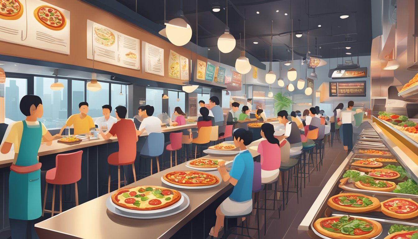 A bustling pizza restaurant in Singapore, with a wide variety of colorful and fresh toppings displayed on the counter. The aroma of sizzling cheese and savory meats fills the air