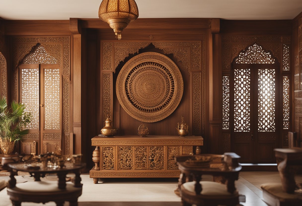 A serene, well-lit room with intricate wooden furniture arranged in a traditional Indian style. Rich colors and delicate carvings adorn the ornate pieces