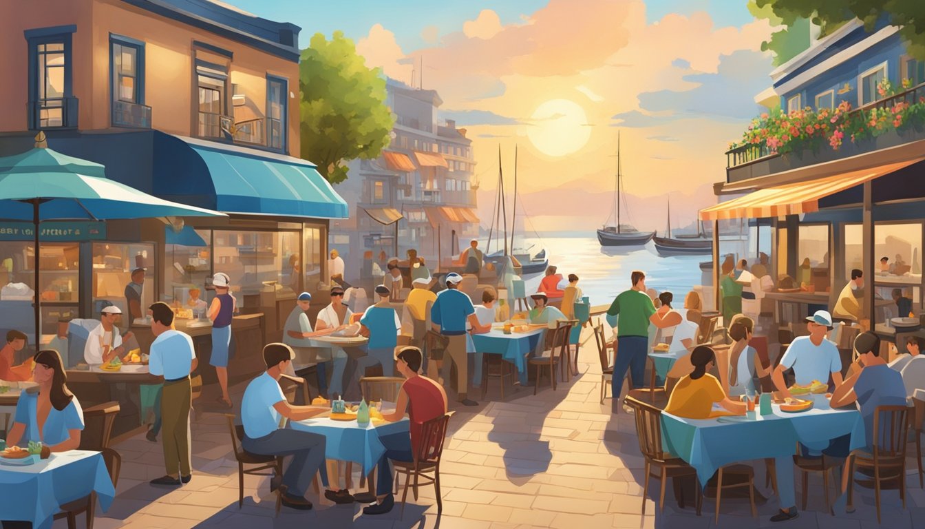 A bustling harbor with fishing boats unloading fresh seafood. A colorful restaurant with outdoor seating overlooking the water. Busy waitstaff serving happy diners