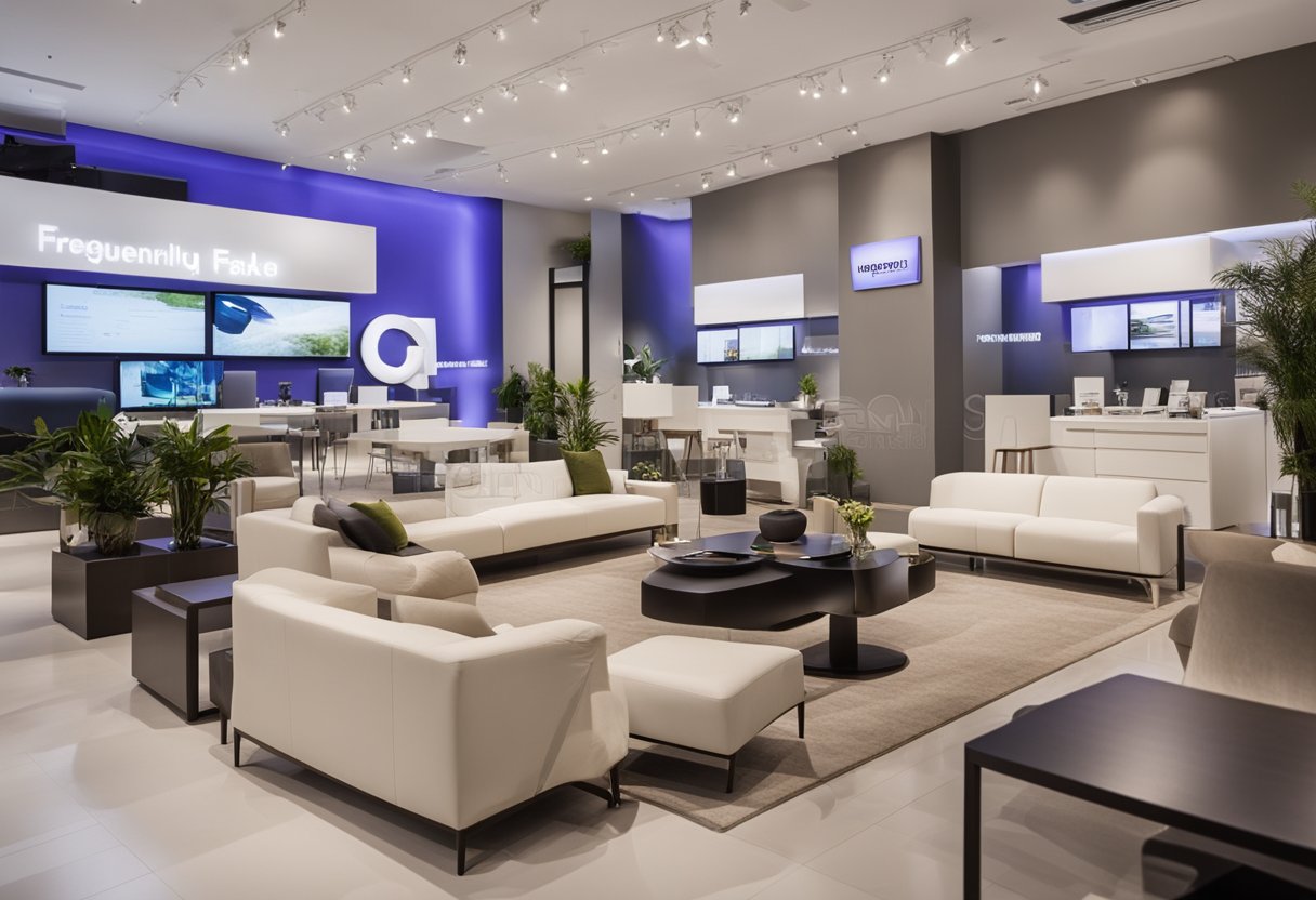 A showroom with modern furniture displays. Bright lighting, clean and organized layout. Signage with "Frequently Asked Questions" for customers