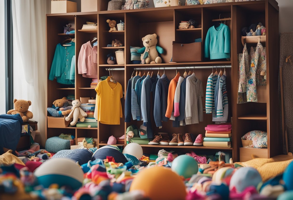 A colorful, cluttered children's wardrobe in a cozy Singapore bedroom. Books, toys, and clothes spill out, giving a sense of playful chaos