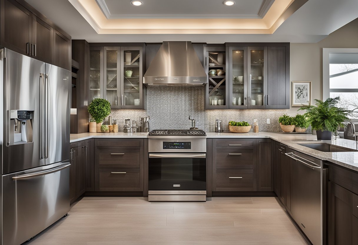 A spacious U-shaped kitchen with a central island, granite countertops, stainless steel appliances, and pendant lighting hanging above the island