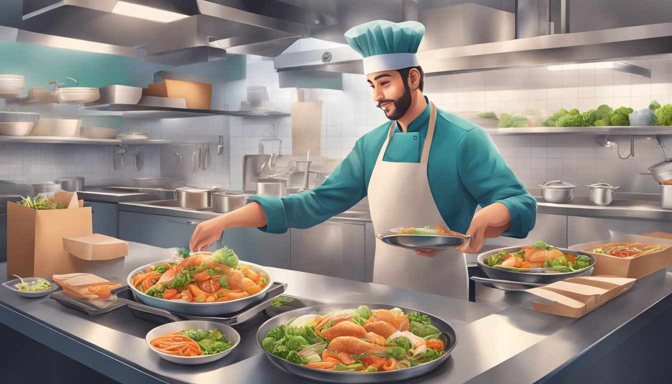 A chef prepares a dish in a bustling kitchen, while a delivery rider collects orders from the foodpanda restaurant portal