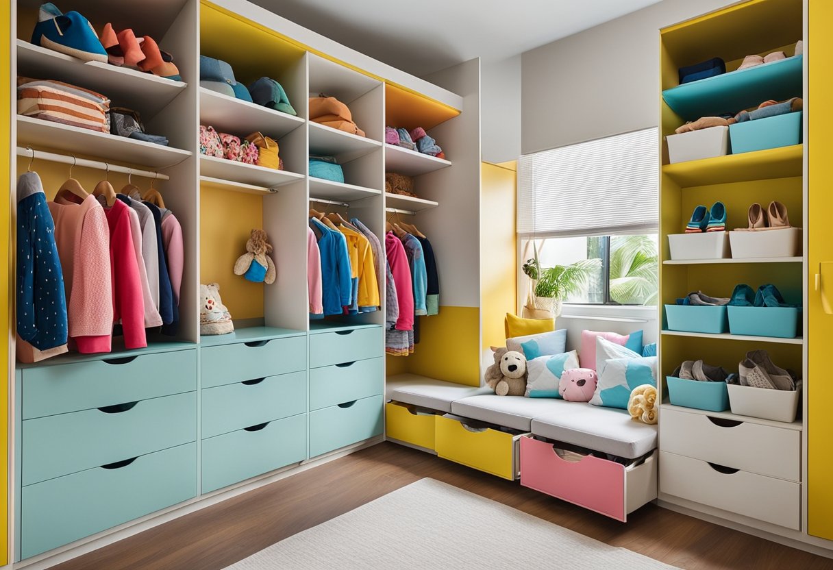 Children's wardrobe furniture in Singapore. Bright colors, playful designs. Shelves filled with toys, books, and clothes. Drawers neatly organized. Bright, spacious room