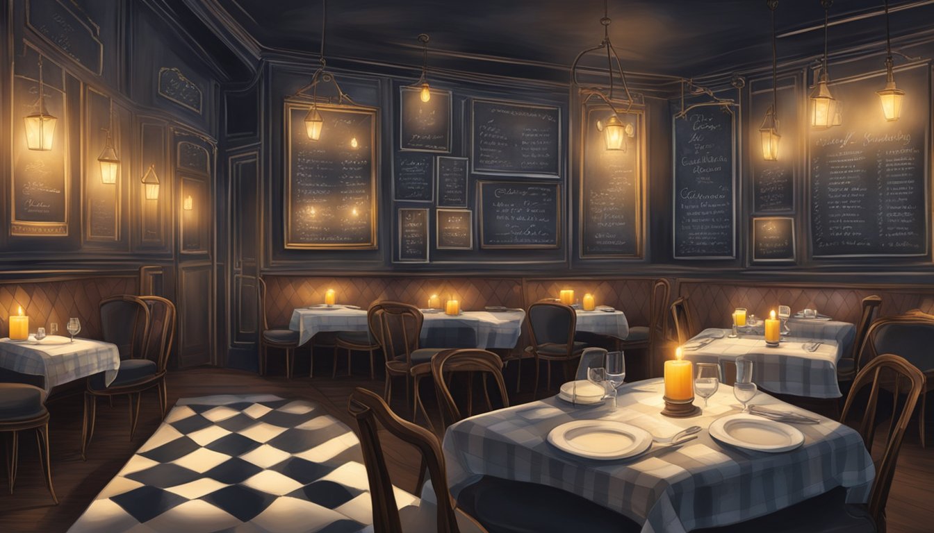 A cozy, dimly lit French restaurant with checkered tablecloths, flickering candles, and a chalkboard menu adorned with elegant cursive writing