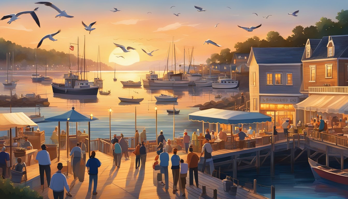 A bustling waterfront scene with a seafood restaurant, fishing boats, and seagulls. The sun sets over the bay, casting a warm glow on the bustling activity