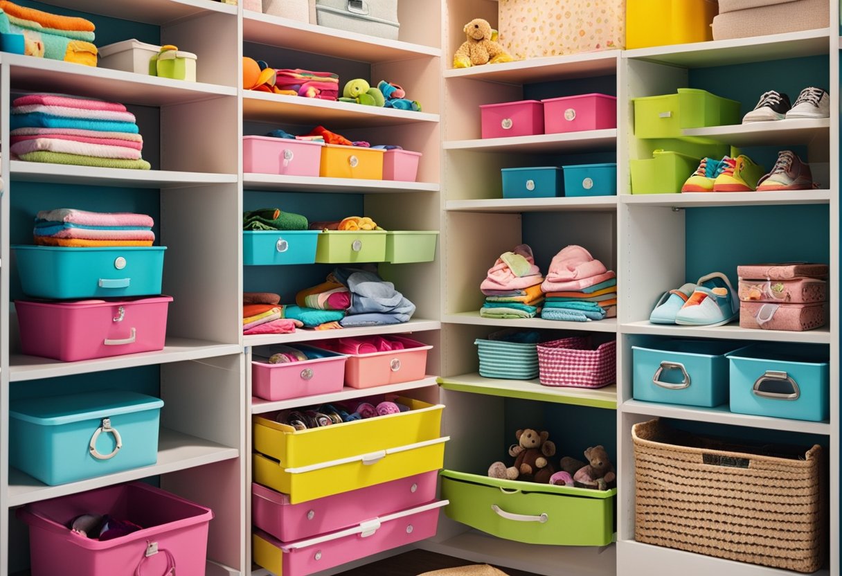 A colorful and organized kids' wardrobe with adjustable shelves and drawers, showcasing innovative storage solutions for toys, clothes, and books