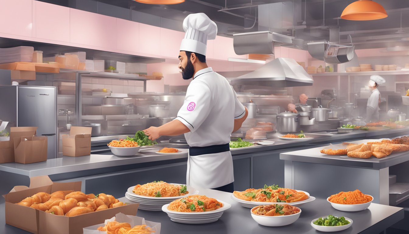 A chef cooks in a busy kitchen, surrounded by foodpanda delivery bags and a smartphone displaying the restaurant portal