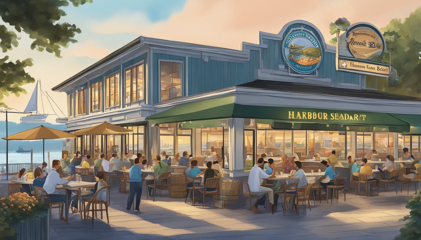 A bustling waterfront restaurant with outdoor seating, a lively atmosphere, and a sign reading "Frequently Asked Questions Harbour Bay Seafood Restaurant" above the entrance