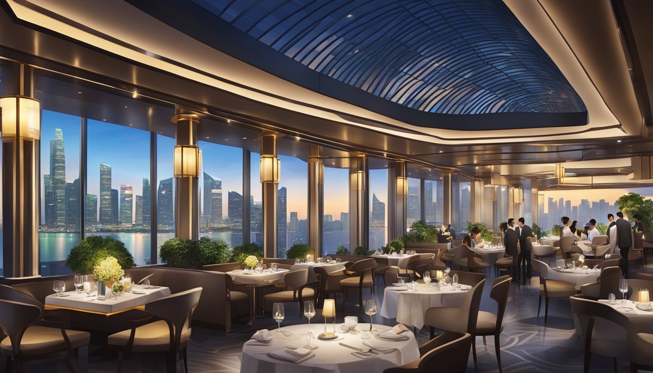 The bustling Aura Restaurant in Singapore features elegant decor, with soft lighting and a stunning view of the city skyline