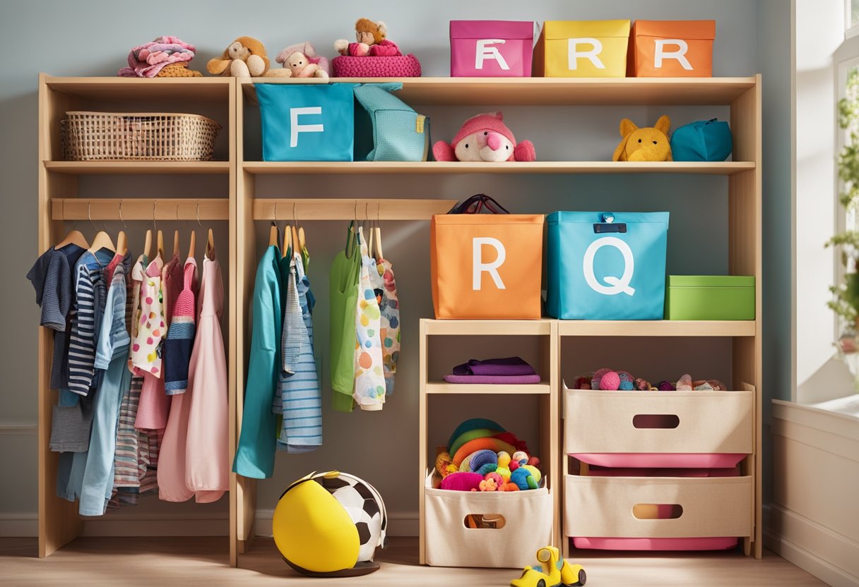 A colorful, organized children's wardrobe filled with toys and clothes, with a "Frequently Asked Questions" sign in a bright, cheerful room