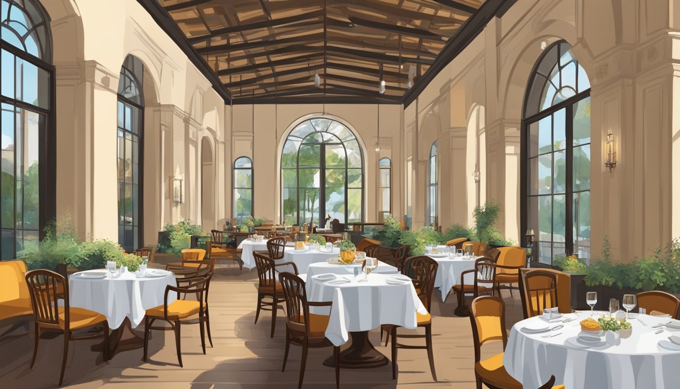 The restaurant in the national museum bustles with diners, elegant decor, and large windows overlooking a beautiful courtyard