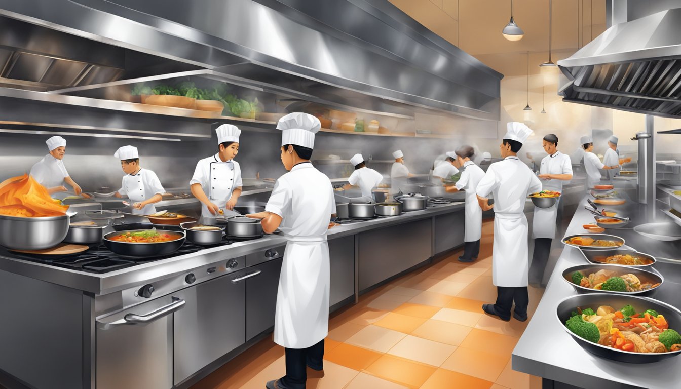 The bustling kitchen of Aura's Culinary Delights in Singapore, filled with sizzling pans, vibrant ingredients, and skilled chefs creating mouthwatering dishes